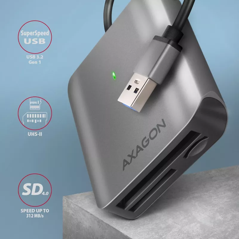 Lector de tarjetas externo Axagon CRE-S3 USB-A 3.2 Gen 1 3 ranuras y LUN SD/microSD/CF USB 3.2 Gen 1 (3.1 Gen 1) Type-A gris