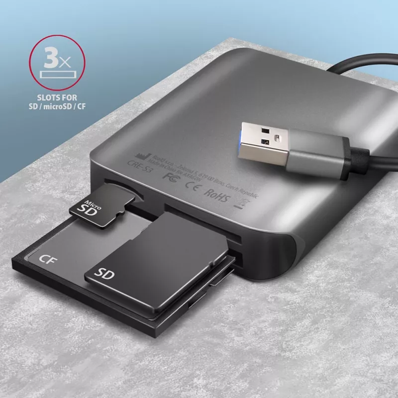 Lector de tarjetas externo Axagon CRE-S3 USB-A 3.2 Gen 1 3 ranuras y LUN SD/microSD/CF USB 3.2 Gen 1 (3.1 Gen 1) Type-A gris