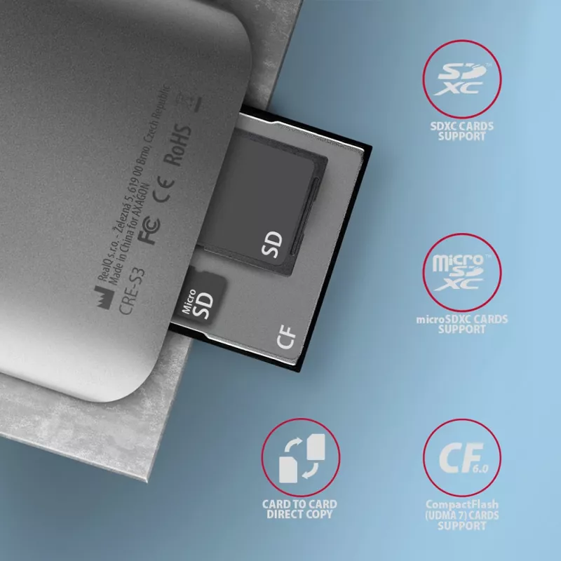 Lector de tarjetas externo Axagon CRE-S3 USB-A 3.2 Gen 1 3 ranuras y LUN SD/microSD/CF USB 3.2 Gen 1 (3.1 Gen 1) Type-A gris