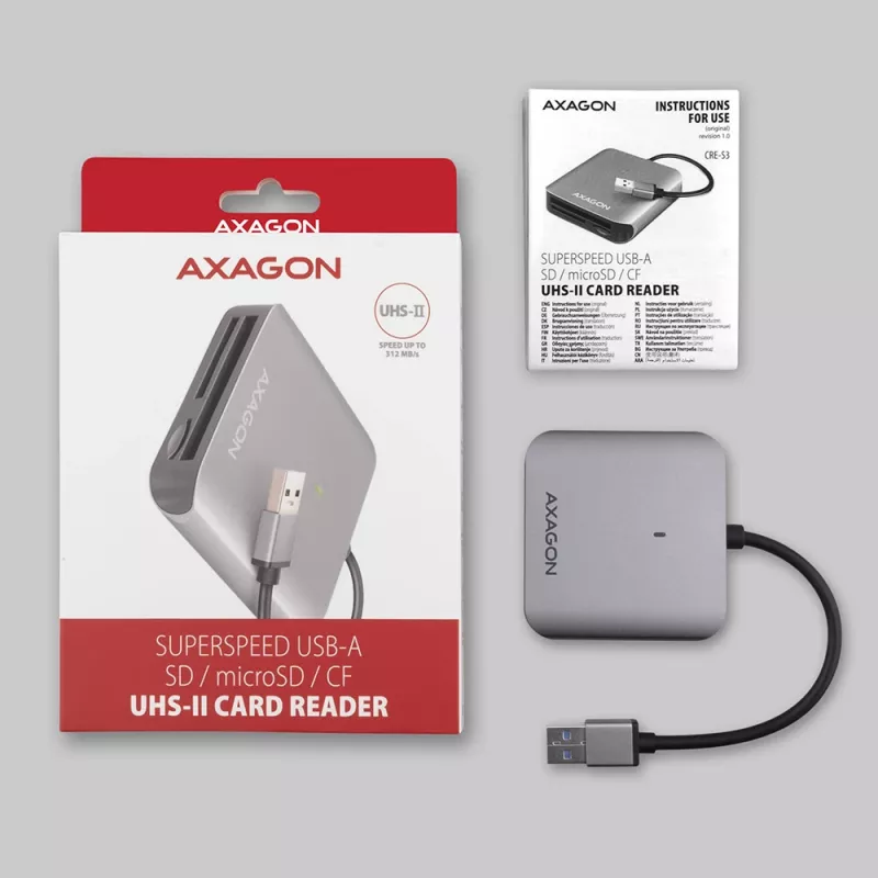 Lector de tarjetas externo Axagon CRE-S3 USB-A 3.2 Gen 1 3 ranuras y LUN SD/microSD/CF USB 3.2 Gen 1 (3.1 Gen 1) Type-A gris