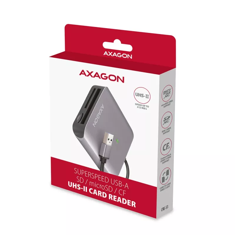 Lector de tarjetas externo Axagon CRE-S3 USB-A 3.2 Gen 1 3 ranuras y LUN SD/microSD/CF USB 3.2 Gen 1 (3.1 Gen 1) Type-A gris