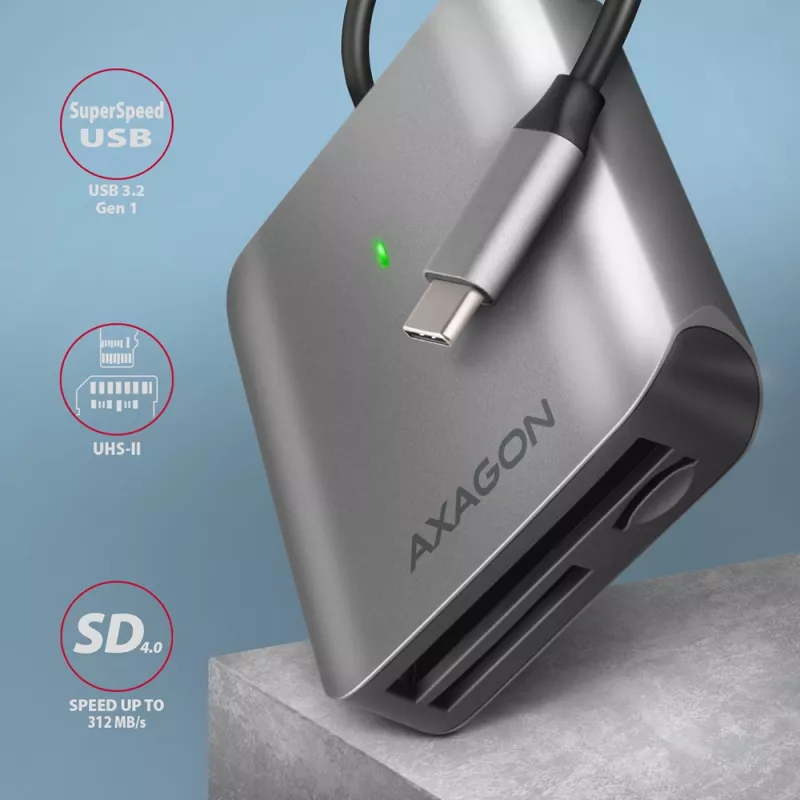 Lector de tarjetas de memoria Axagon CRE-S3C aluminio alta velocidad USB-C 3.2 Gen 1, 3 ranuras, UHS-II