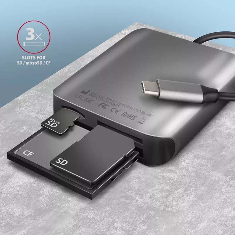 Lector de tarjetas de memoria Axagon CRE-S3C aluminio alta velocidad USB-C 3.2 Gen 1, 3 ranuras, UHS-II
