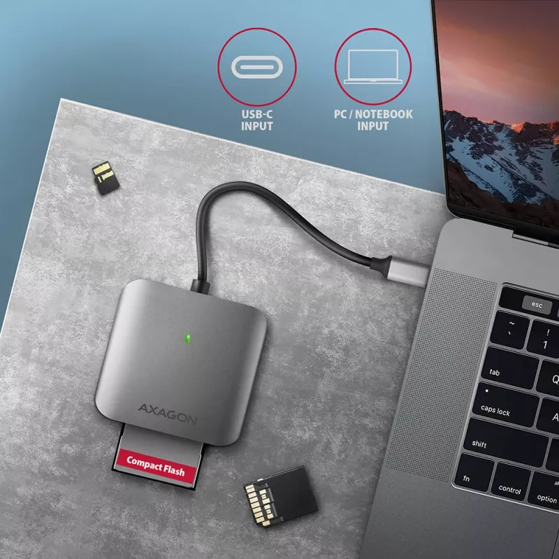 Lector de tarjetas de memoria Axagon CRE-S3C aluminio alta velocidad USB-C 3.2 Gen 1, 3 ranuras, UHS-II