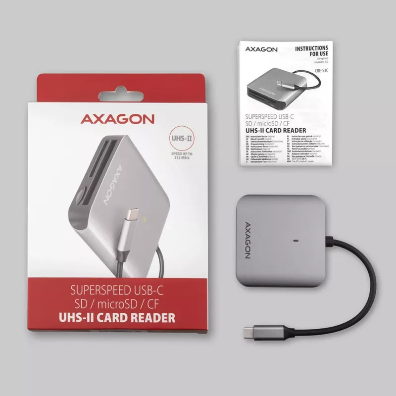Lector de tarjetas de memoria Axagon CRE-S3C aluminio alta velocidad USB-C 3.2 Gen 1, 3 ranuras, UHS-II