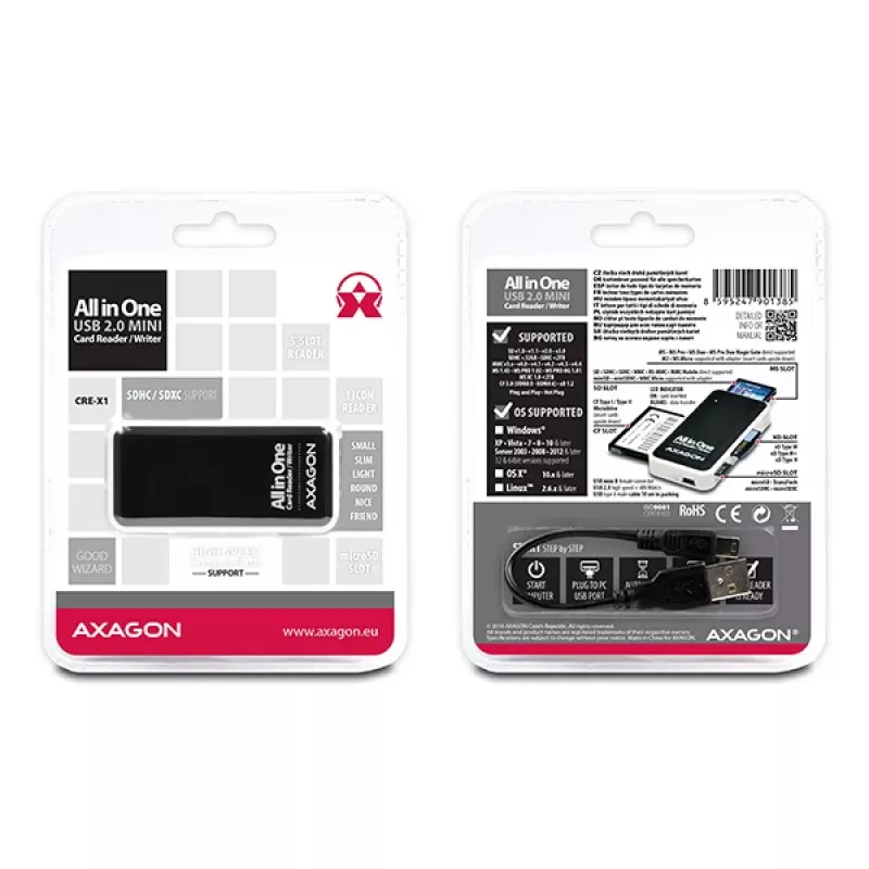 Lector de tarjetas externo Axagon CRE-X1 de 5 ranuras, CF, CF Type II, MMC, MMC Mobile, MMCmicro, MS Duo, MS PRO, Memory Stick (MS), MicroDrive, MicroSD...,