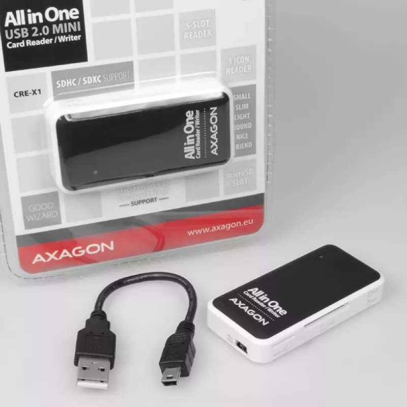 Lector de tarjetas externo Axagon CRE-X1 de 5 ranuras, CF, CF Type II, MMC, MMC Mobile, MMCmicro, MS Duo, MS PRO, Memory Stick (MS), MicroDrive, MicroSD...,