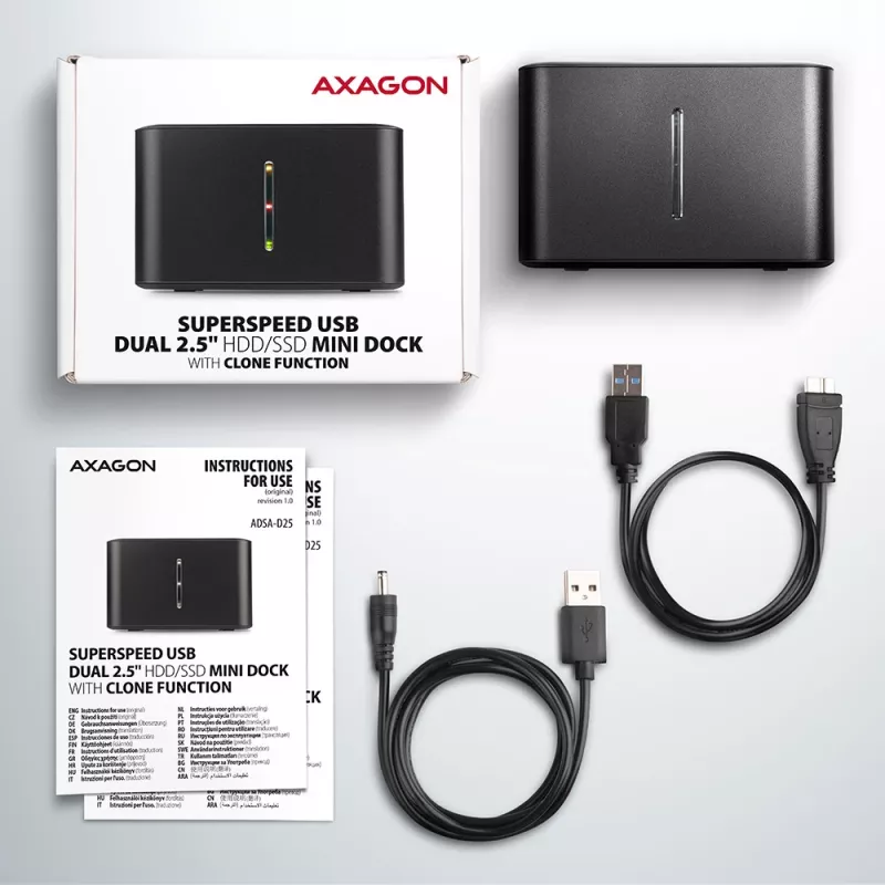 Docking station mini Axagon ADSA-D25 SuperSpeed USB dual para SSD/HDD de 2.5 pulgadas