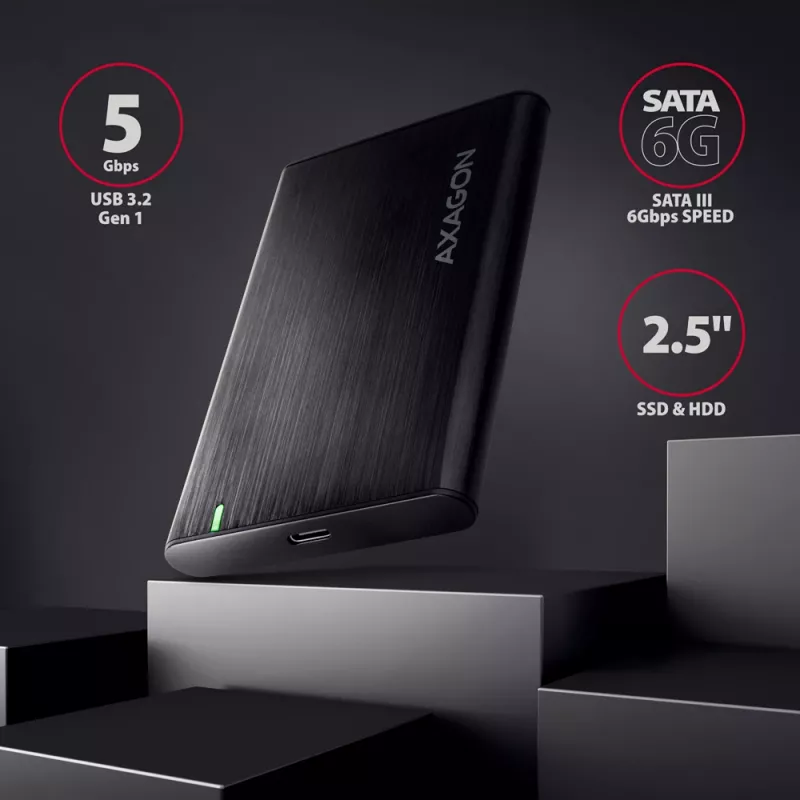 Caja para HDD/SSD de 2,5 pulgadas AXAGON EE25-A6C — SATA, USB 3.2 Gen 1 (Type-C y Type-A), aluminio, negra