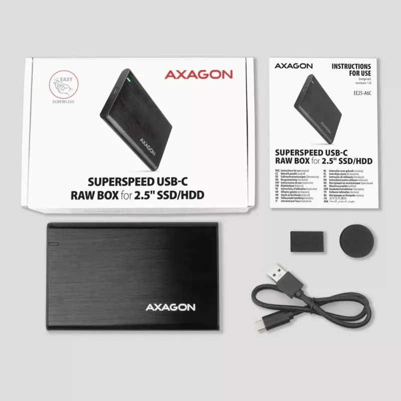 Caja para HDD/SSD de 2,5 pulgadas AXAGON EE25-A6C — SATA, USB 3.2 Gen 1 (Type-C y Type-A), aluminio, negra