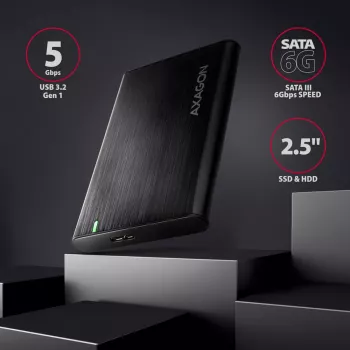 Caja para HDD/SSD AXAGON EE25-A6M — SATA de 2,5 pulgadas, USB 3.2 Gen 1 (5 Gbit/s), Micro-USB B a USB Type-A, aluminio, negra