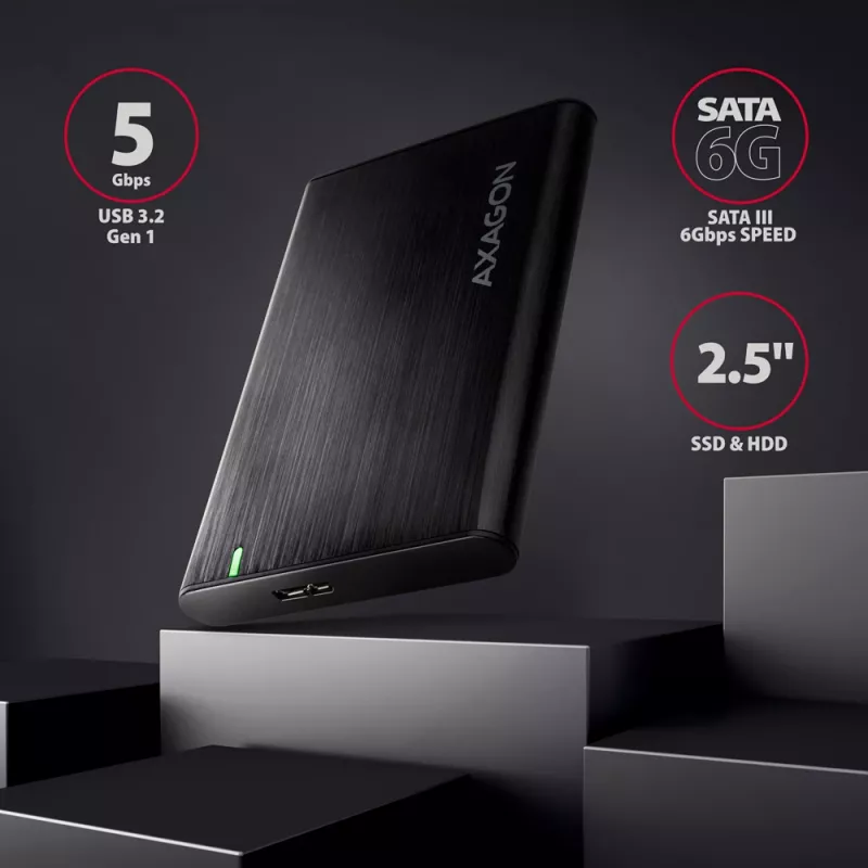 Caja para HDD/SSD AXAGON EE25-A6M — SATA de 2,5 pulgadas, USB 3.2 Gen 1 (5 Gbit/s), Micro-USB B a USB Type-A, aluminio, negra