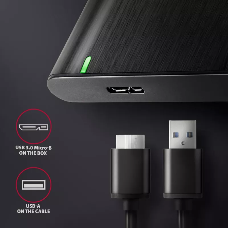 Caja para HDD/SSD AXAGON EE25-A6M — SATA de 2,5 pulgadas, USB 3.2 Gen 1 (5 Gbit/s), Micro-USB B a USB Type-A, aluminio, negra