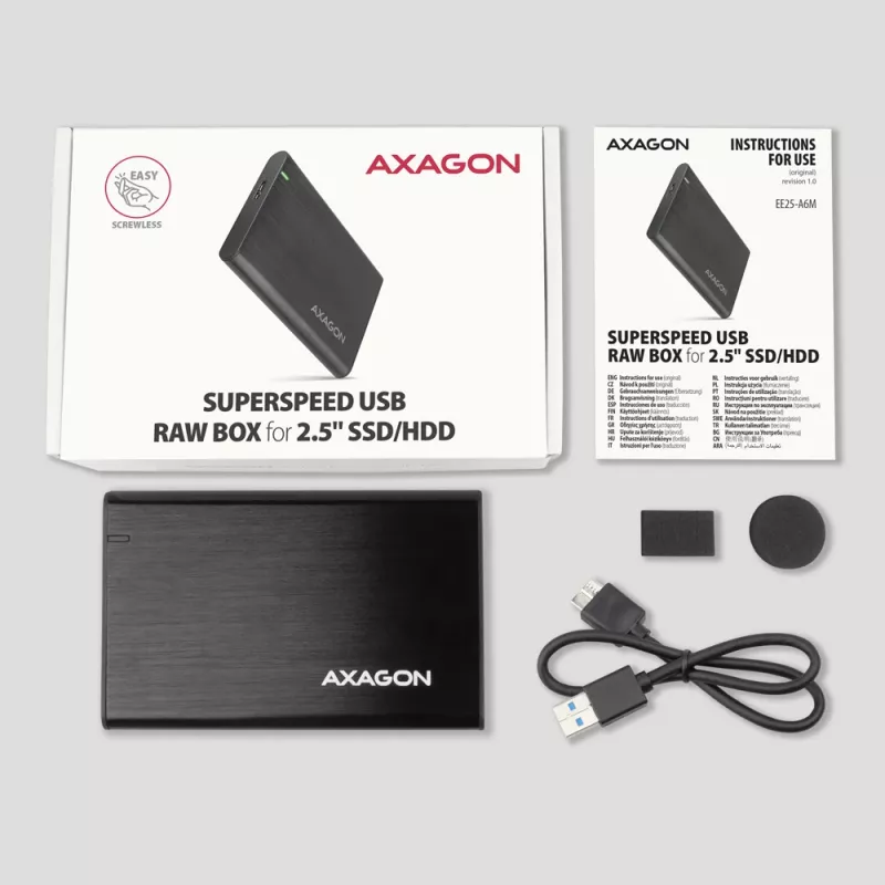 Caja para HDD/SSD AXAGON EE25-A6M — SATA de 2,5 pulgadas, USB 3.2 Gen 1 (5 Gbit/s), Micro-USB B a USB Type-A, aluminio, negra