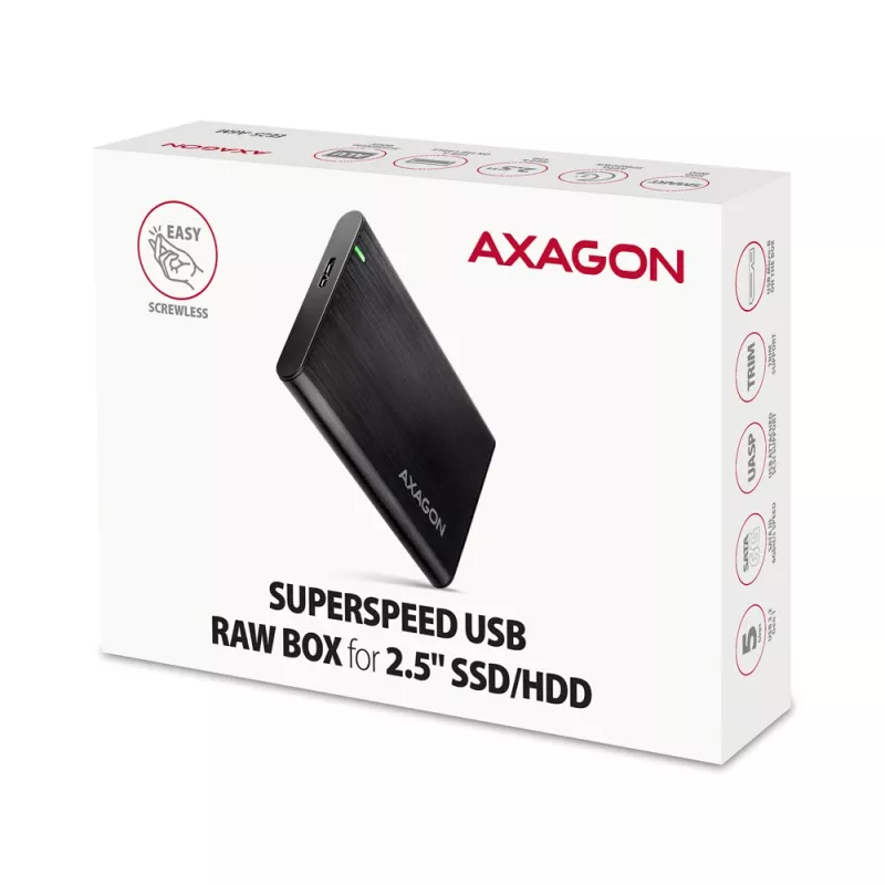 Caja para HDD/SSD AXAGON EE25-A6M — SATA de 2,5 pulgadas, USB 3.2 Gen 1 (5 Gbit/s), Micro-USB B a USB Type-A, aluminio, negra