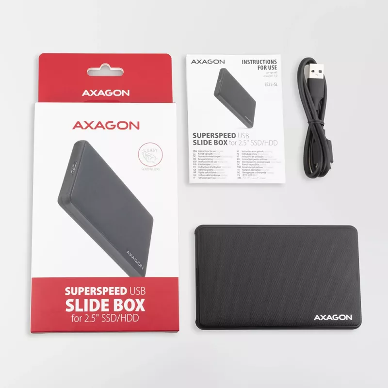Caja externa sin tornillos Axagon EE25-SL USB 3.2 Gen 1 - SATA 6G para SSD/HDD de 2,5 pulgadas