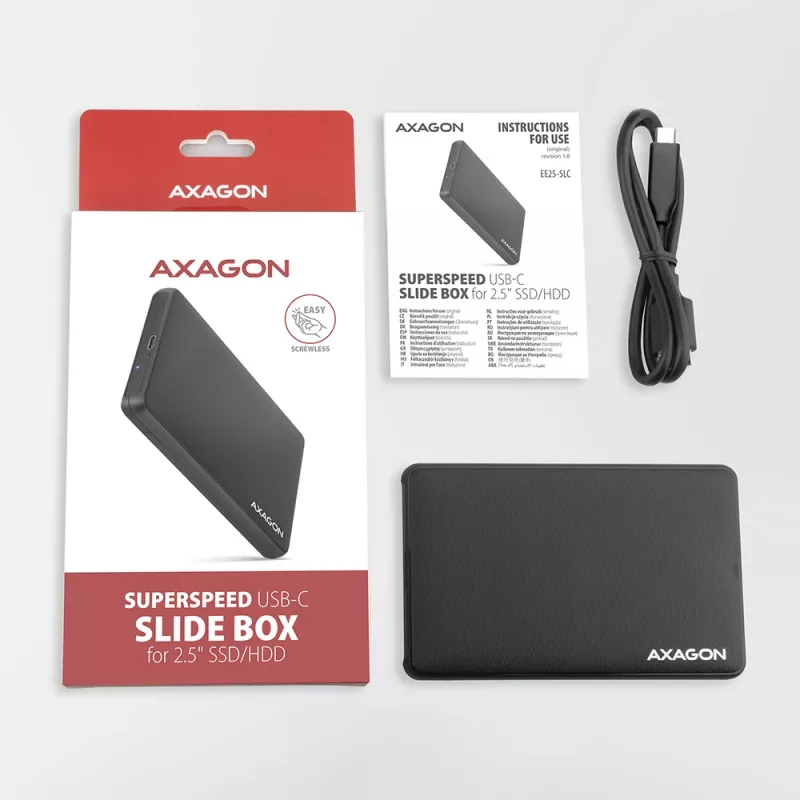 Caja externa sin tornillos Axagon EE25-SLC USB-C 3.2 Gen 1 - SATA 6G para SSD/HDD de 2,5 pulgadas