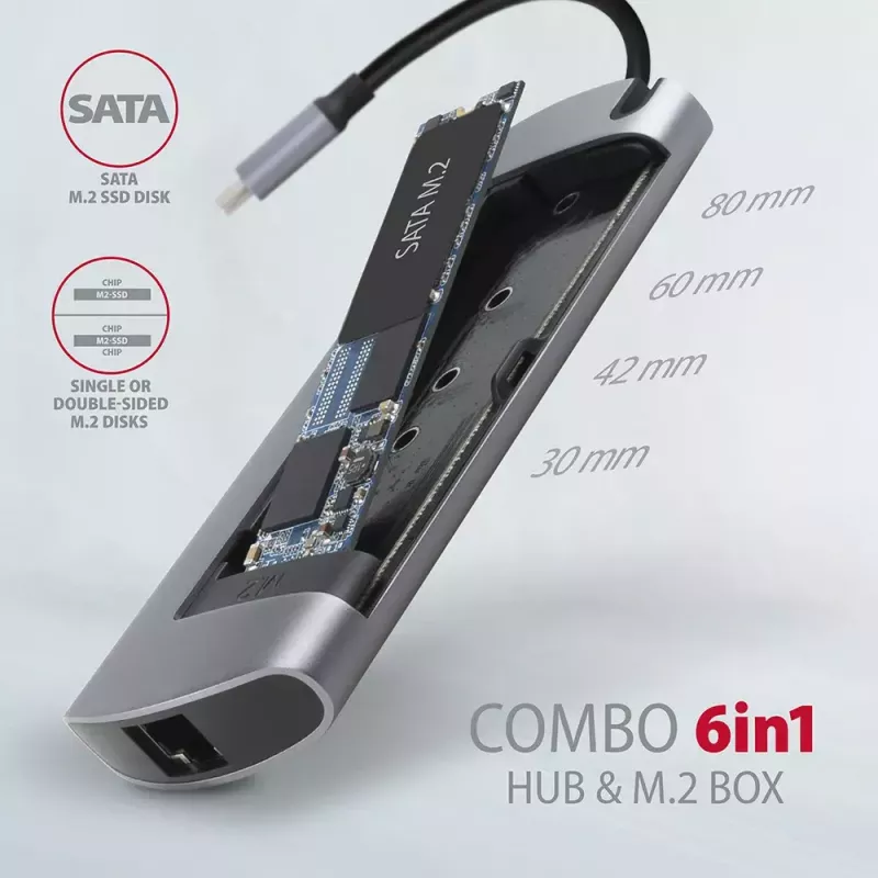 Hub Axagon HMC-6M2 USB 3.2 Gen 1, 2x USB-A, HDMI, RJ-45, SATA M.2, PD 100W, cable USB-C