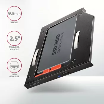 Marco de montaje Axagon RSS-CD09 para SSD/HDD de 2,5 pulgadas en ranura DVD de 9,5 mm LED ALU tarjetas/adaptadores de interfaz internos SATA