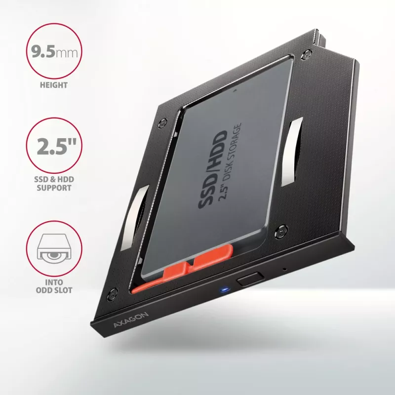 Marco de montaje Axagon RSS-CD09 para SSD/HDD de 2,5 pulgadas en ranura DVD de 9,5 mm LED ALU tarjetas/adaptadores de interfaz internos SATA