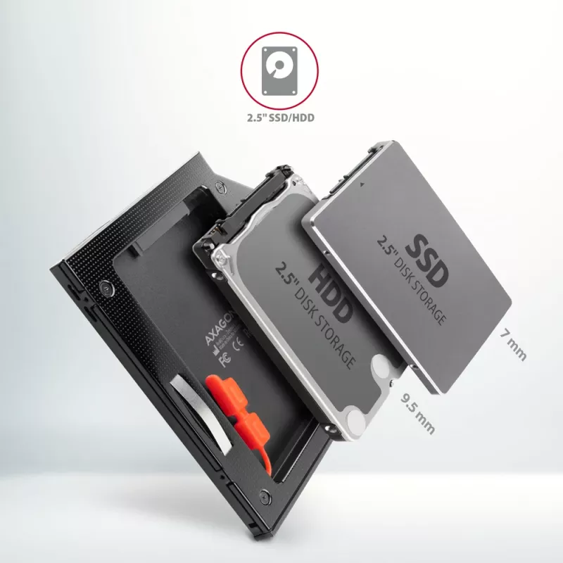 Marco de montaje Axagon RSS-CD09 para SSD/HDD de 2,5 pulgadas en ranura DVD de 9,5 mm LED ALU tarjetas/adaptadores de interfaz internos SATA