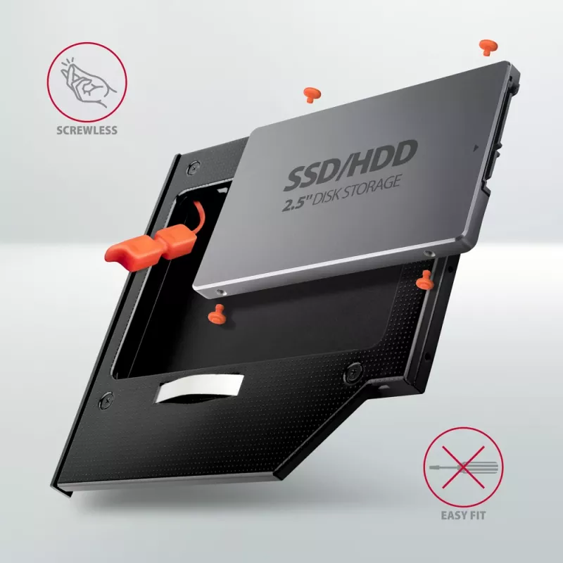 Marco de montaje Axagon RSS-CD09 para SSD/HDD de 2,5 pulgadas en ranura DVD de 9,5 mm LED ALU tarjetas/adaptadores de interfaz internos SATA