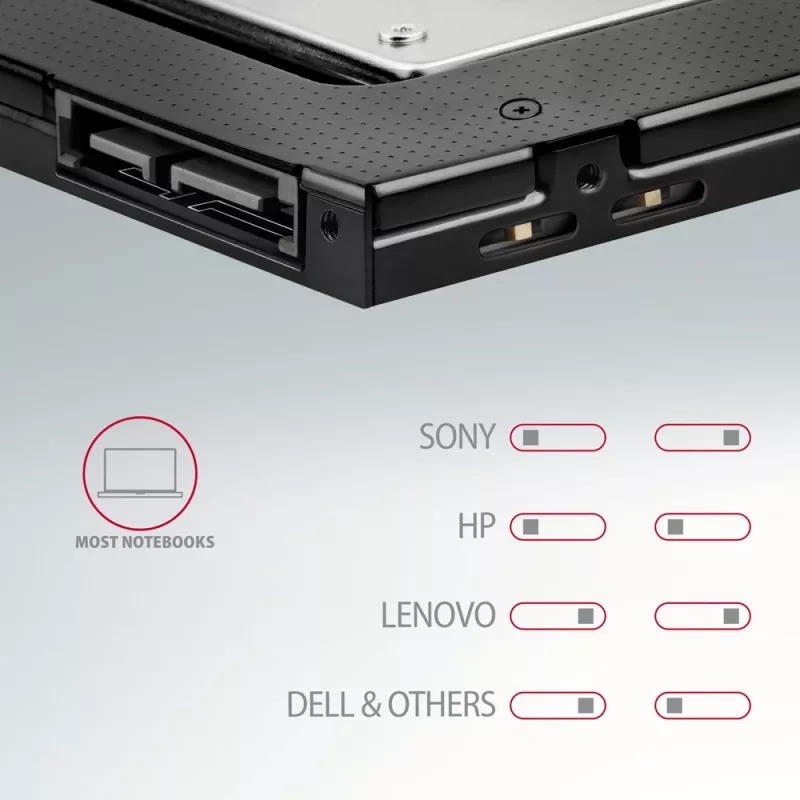 Marco de montaje Axagon RSS-CD09 para SSD/HDD de 2,5 pulgadas en ranura DVD de 9,5 mm LED ALU tarjetas/adaptadores de interfaz internos SATA