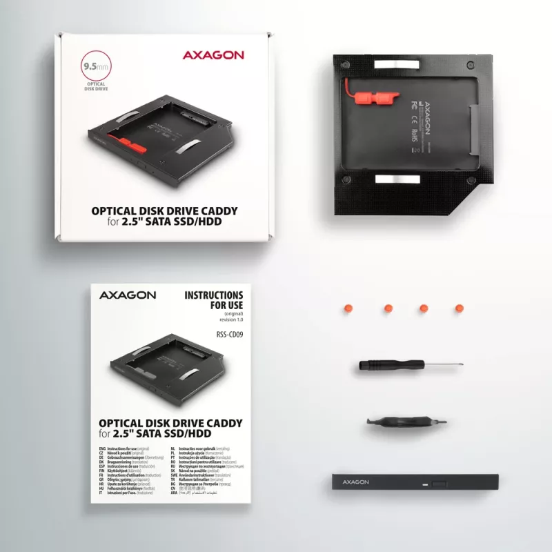 Marco de montaje Axagon RSS-CD09 para SSD/HDD de 2,5 pulgadas en ranura DVD de 9,5 mm LED ALU tarjetas/adaptadores de interfaz internos SATA