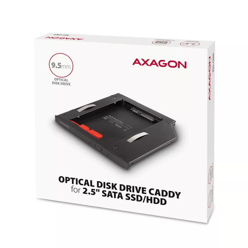 Marco de montaje Axagon RSS-CD09 para SSD/HDD de 2,5 pulgadas en ranura DVD de 9,5 mm LED ALU tarjetas/adaptadores de interfaz internos SATA