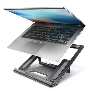 Soporte de aluminio Axagon STND-L para portátiles, talla 10 pulgadas – 17,3 pulgadas. Ocho posiciones de altura y ángulo ajustables. Versión gris.