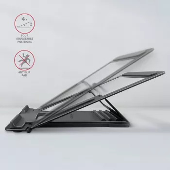 Soporte de aluminio Axagon STND-L para portátiles, talla 10 pulgadas – 17,3 pulgadas. Ocho posiciones de altura y ángulo ajustables. Versión gris.