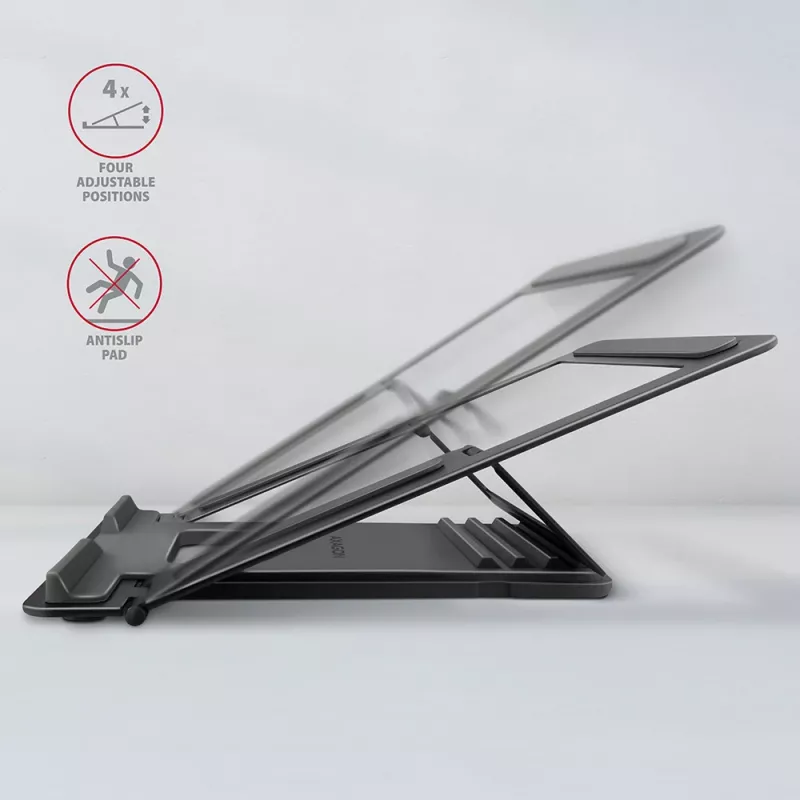 Soporte de aluminio Axagon STND-L para portátiles, talla 10 pulgadas – 17,3 pulgadas. Ocho posiciones de altura y ángulo ajustables. Versión gris.