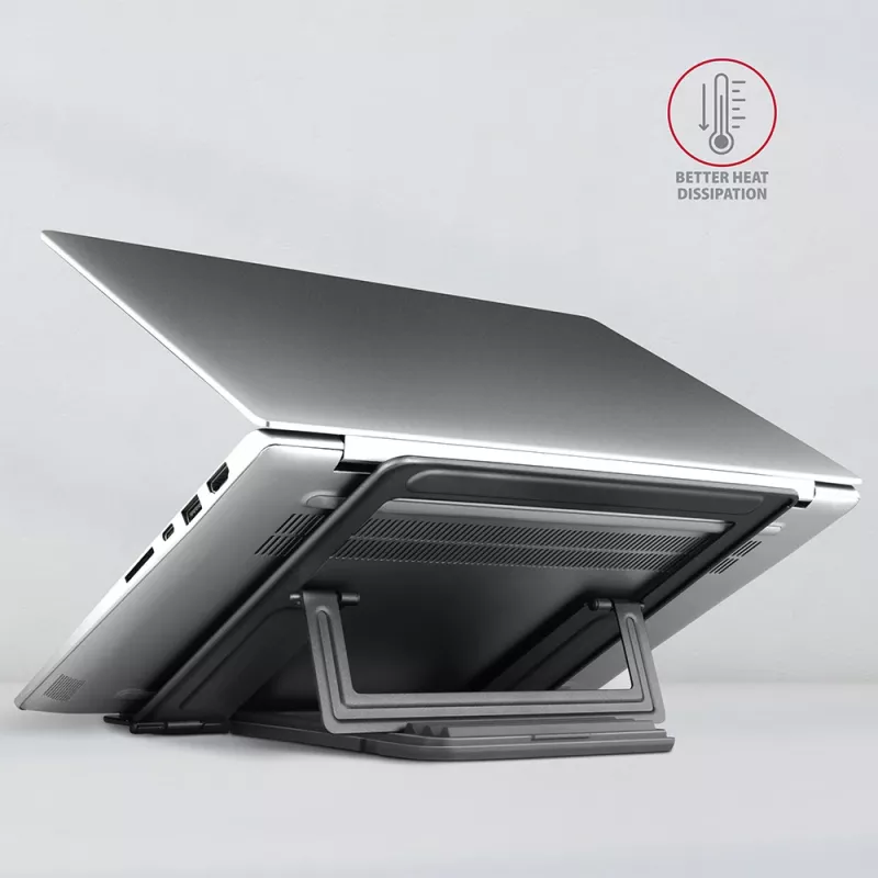 Soporte de aluminio Axagon STND-L para portátiles, talla 10 pulgadas – 17,3 pulgadas. Ocho posiciones de altura y ángulo ajustables. Versión gris.