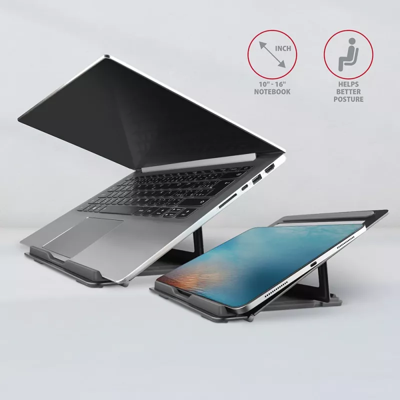 Soporte de aluminio Axagon STND-L para portátiles, talla 10 pulgadas – 17,3 pulgadas. Ocho posiciones de altura y ángulo ajustables. Versión gris.