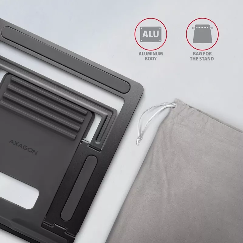 Soporte de aluminio Axagon STND-L para portátiles, talla 10 pulgadas – 17,3 pulgadas. Ocho posiciones de altura y ángulo ajustables. Versión gris.
