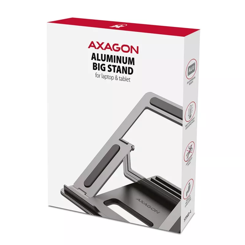 Soporte de aluminio Axagon STND-L para portátiles, talla 10 pulgadas – 17,3 pulgadas. Ocho posiciones de altura y ángulo ajustables. Versión gris.