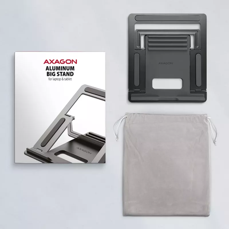 Soporte de aluminio Axagon STND-L para portátiles, talla 10 pulgadas – 17,3 pulgadas. Ocho posiciones de altura y ángulo ajustables. Versión gris.