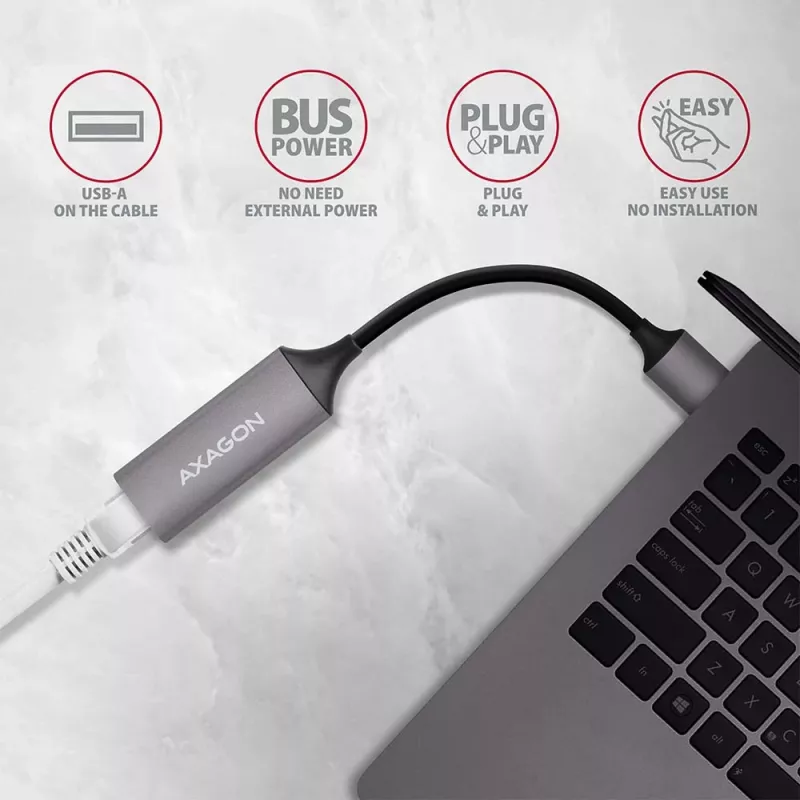 AXAGON USB 3.2 Gen 1 Type-A a Gigabit Ethernet Adaptador ADE-TR — 10/100/1000 Mbps, Metal gris titanio, 5000 Mbit/s