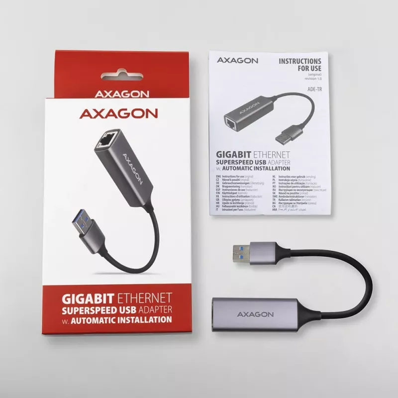 AXAGON USB 3.2 Gen 1 Type-A a Gigabit Ethernet Adaptador ADE-TR — 10/100/1000 Mbps, Metal gris titanio, 5000 Mbit/s