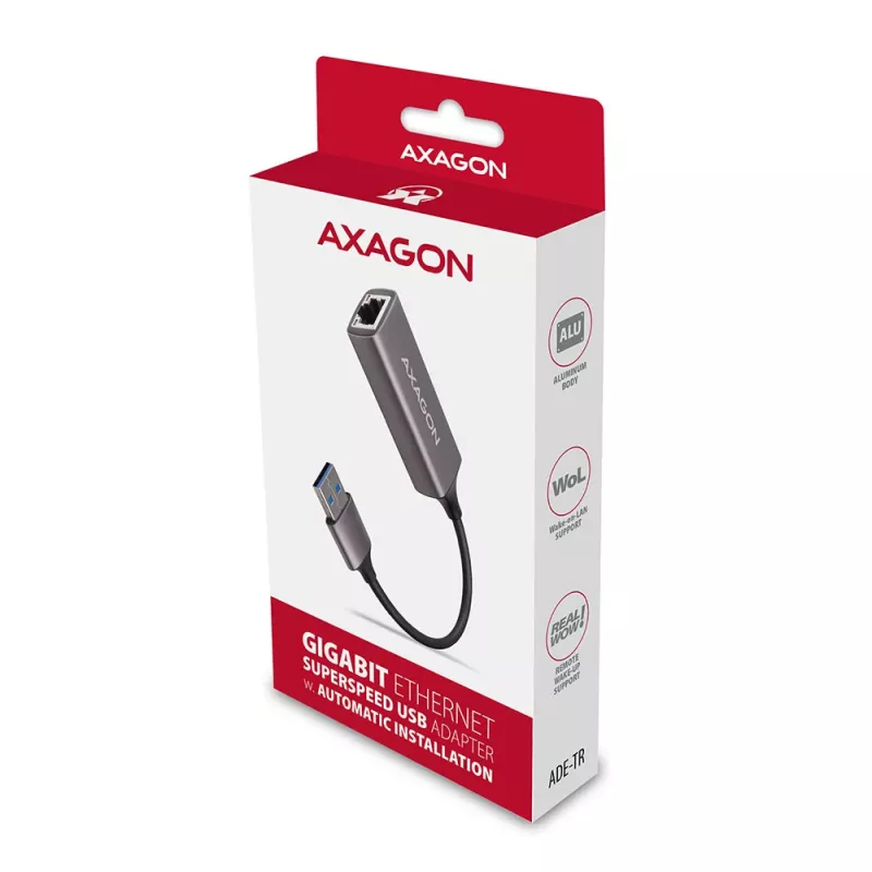 AXAGON USB 3.2 Gen 1 Type-A a Gigabit Ethernet Adaptador ADE-TR — 10/100/1000 Mbps, Metal gris titanio, 5000 Mbit/s