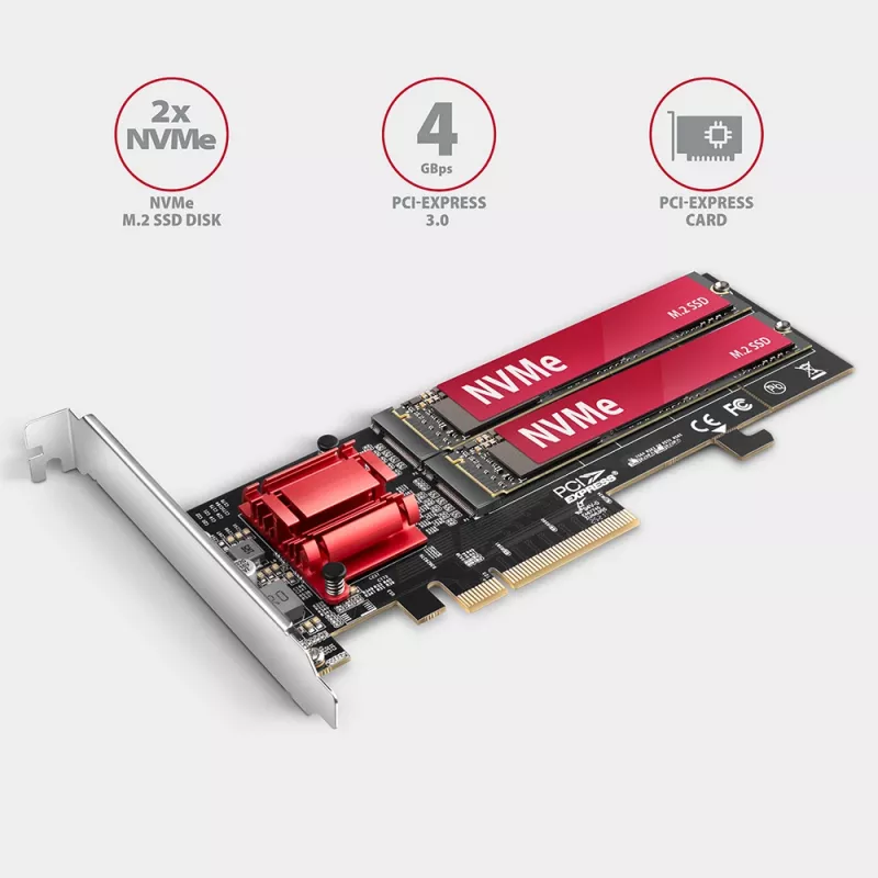 Axagon PCEM2-ND PCIe x8 - Adaptador de doble ranura M.2 NVMe M-Key, RAID, Dataswitch, con SP & LP