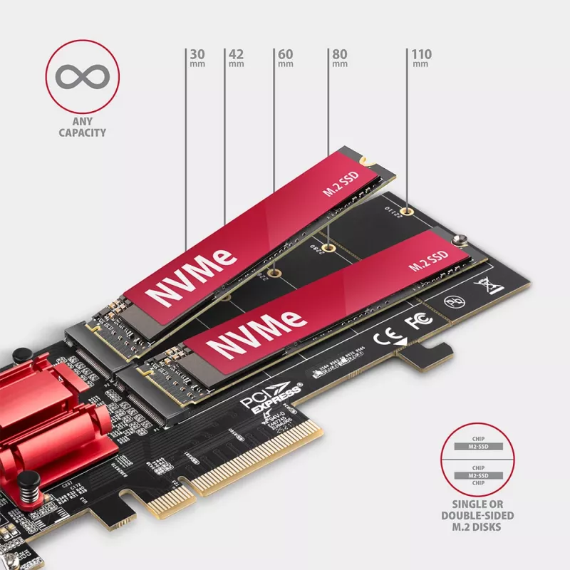 Axagon PCEM2-ND PCIe x8 - Adaptador de doble ranura M.2 NVMe M-Key, RAID, Dataswitch, con SP & LP