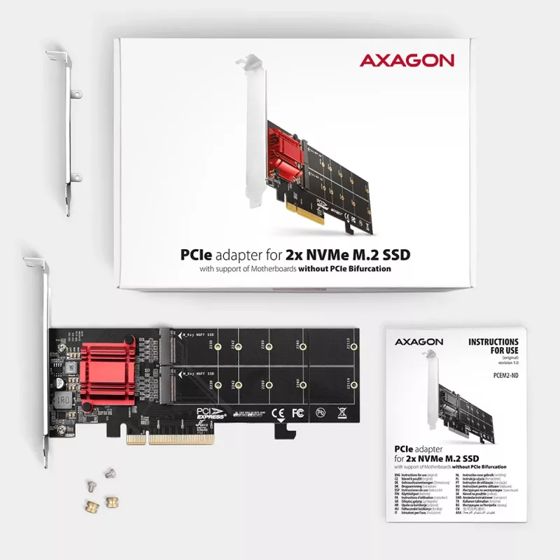 Axagon PCEM2-ND PCIe x8 - Adaptador de doble ranura M.2 NVMe M-Key, RAID, Dataswitch, con SP & LP