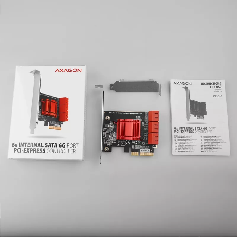 Tarjeta de interfaz AXAGON PCES-SA6 — PCIe a SATA (ASM1166), 6 Gbit/s, full-height/low-profile, interna