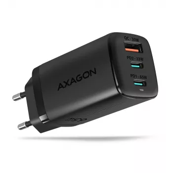 Axagon ACU-DPQ65 Cargador de pared GaN 65W, 3 puertos (USB-A + Dual-USB-C), PD3.0/QC4+/PPS/Apple