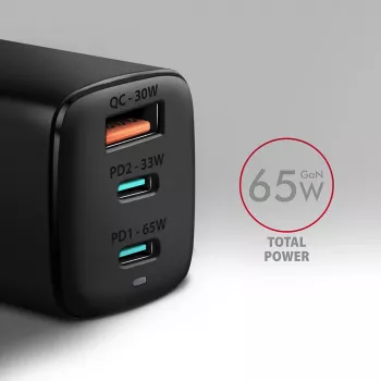 Axagon ACU-DPQ65 Cargador de pared GaN 65W, 3 puertos (USB-A + Dual-USB-C), PD3.0/QC4+/PPS/Apple