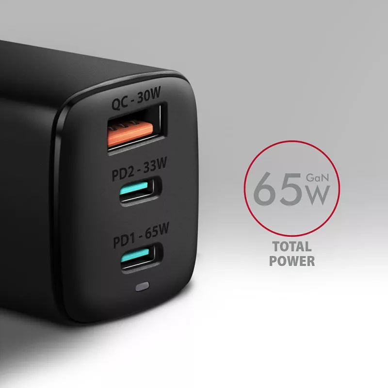 Axagon ACU-DPQ65 Cargador de pared GaN 65W, 3 puertos (USB-A + Dual-USB-C), PD3.0/QC4+/PPS/Apple