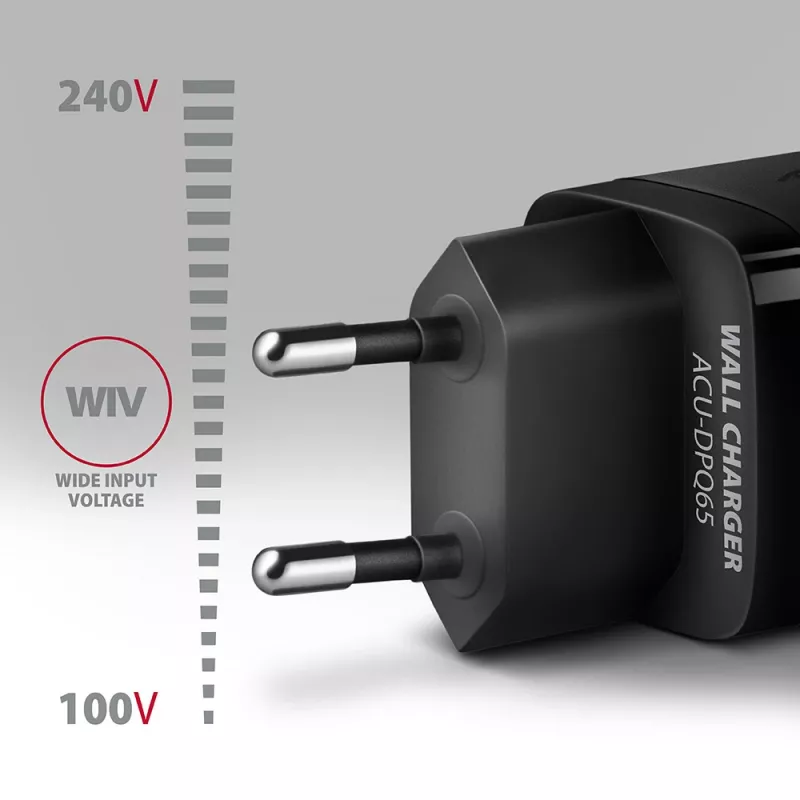 Axagon ACU-DPQ65 Cargador de pared GaN 65W, 3 puertos (USB-A + Dual-USB-C), PD3.0/QC4+/PPS/Apple