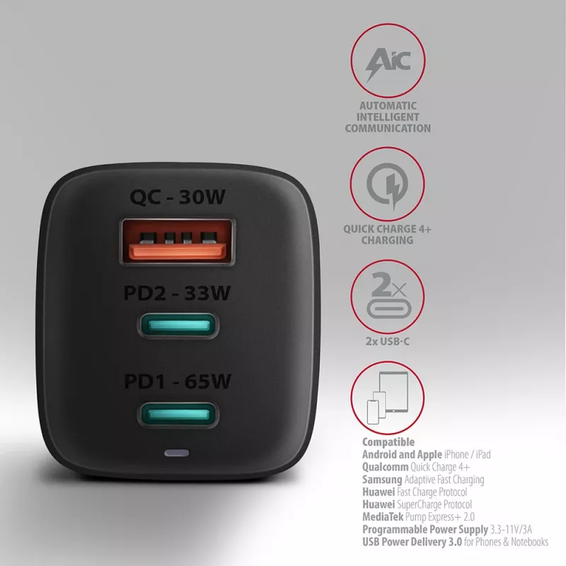 Axagon ACU-DPQ65 Cargador de pared GaN 65W, 3 puertos (USB-A + Dual-USB-C), PD3.0/QC4+/PPS/Apple