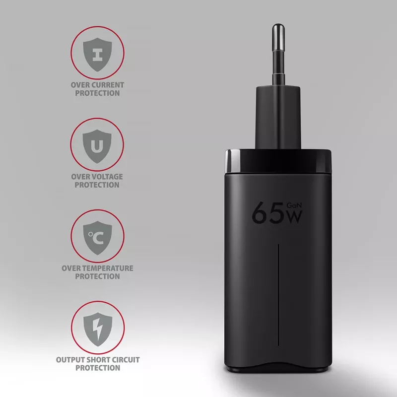 Axagon ACU-DPQ65 Cargador de pared GaN 65W, 3 puertos (USB-A + Dual-USB-C), PD3.0/QC4+/PPS/Apple